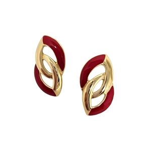 Vintage Trifari Gold Tone Earrings Red Enamel Pierced Signed